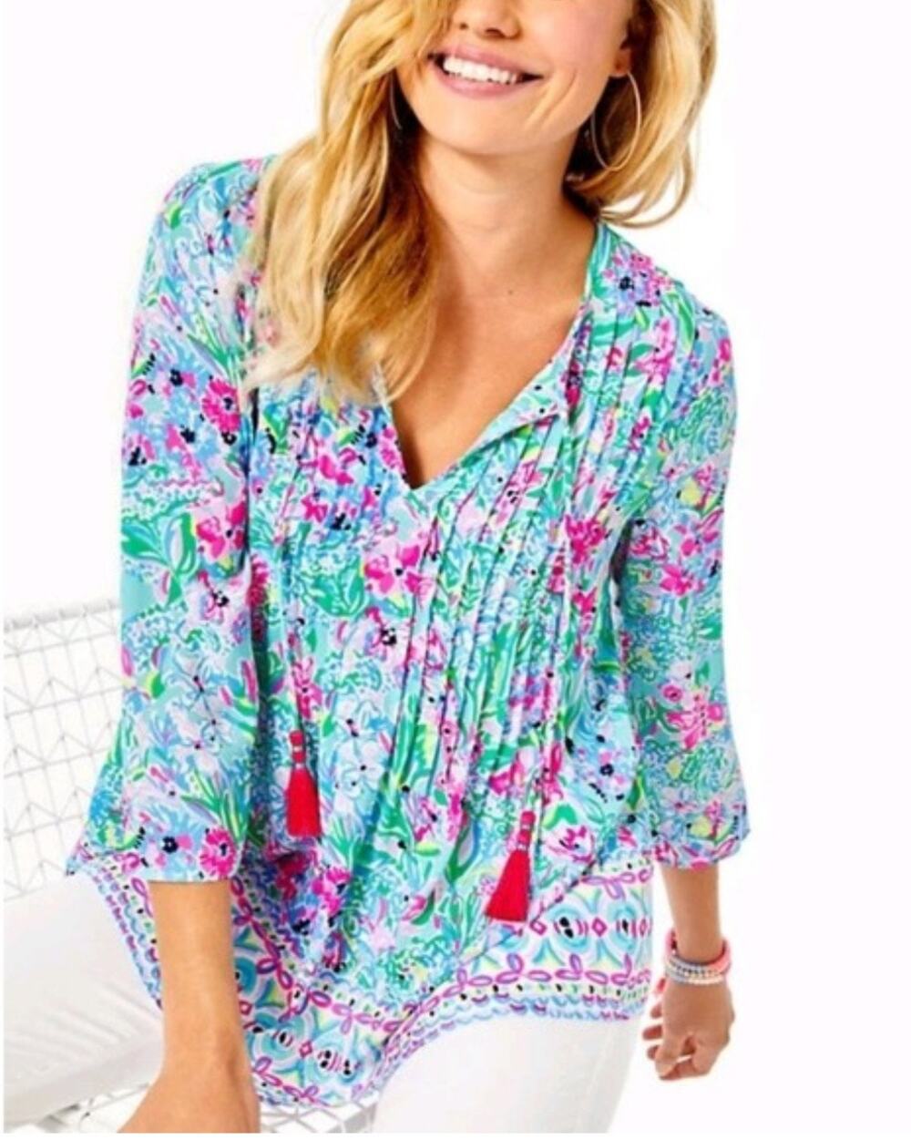 Lilly Pulitzer Marilina Tunic XL Amalfi Blue Alligator Isle Resortwear Boho chic